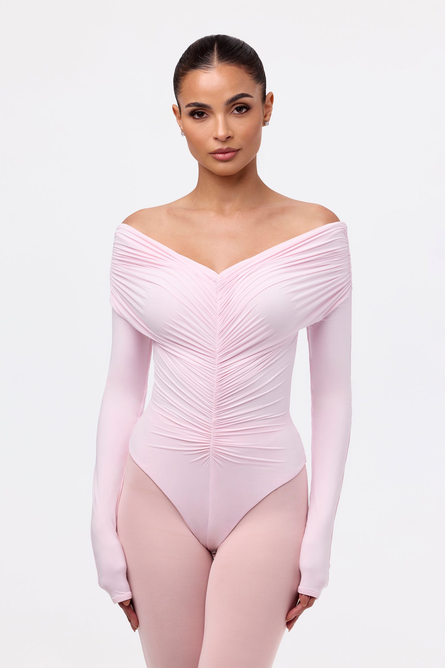 Naked Off-Shoulder Shirred Bodysuit