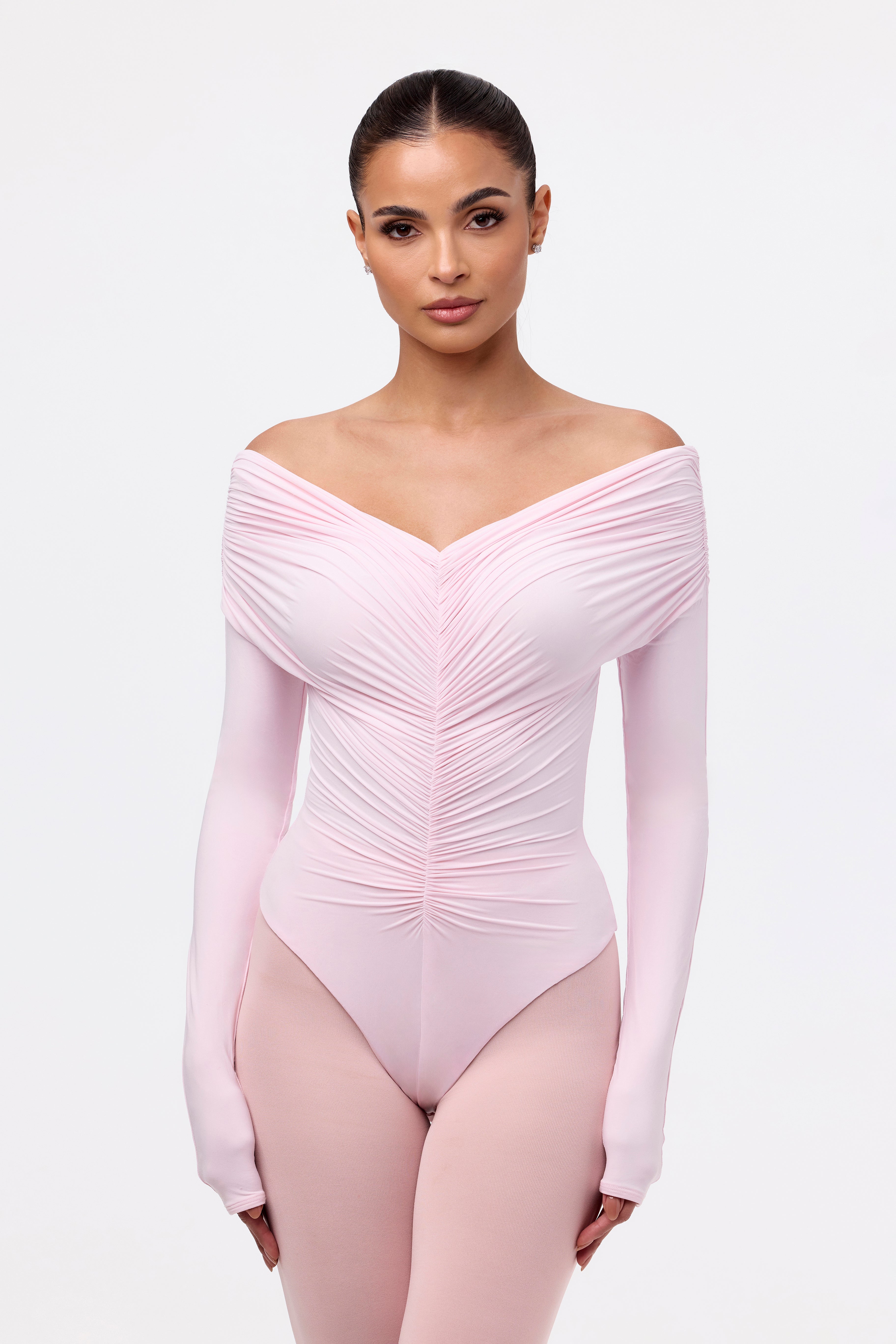 Naked Off-Shoulder Shirred Bodysuit