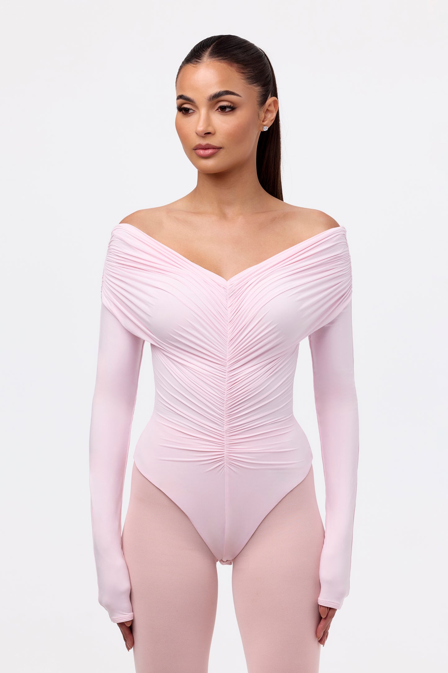 Naked Off-Shoulder Shirred Bodysuit