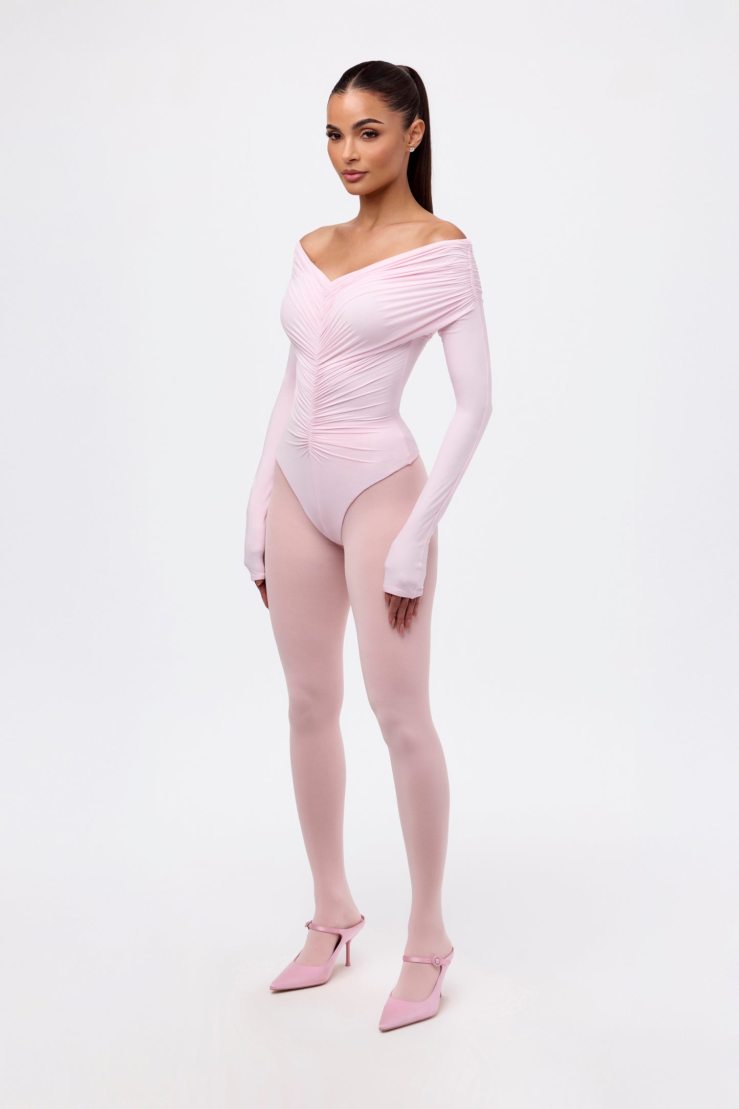 Naked Off-Shoulder Shirred Bodysuit