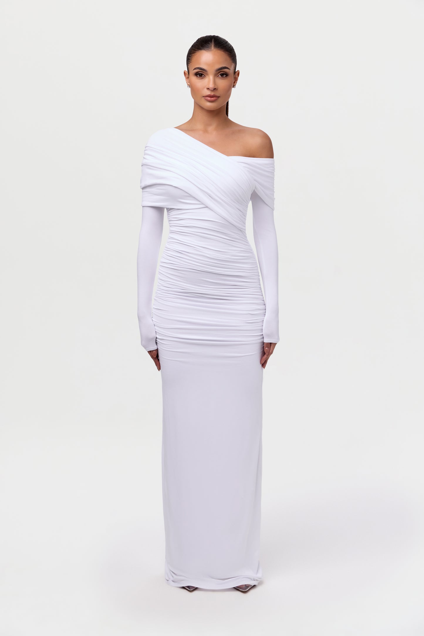 Smooth Off-Shoulder Ruched Maxi Dress