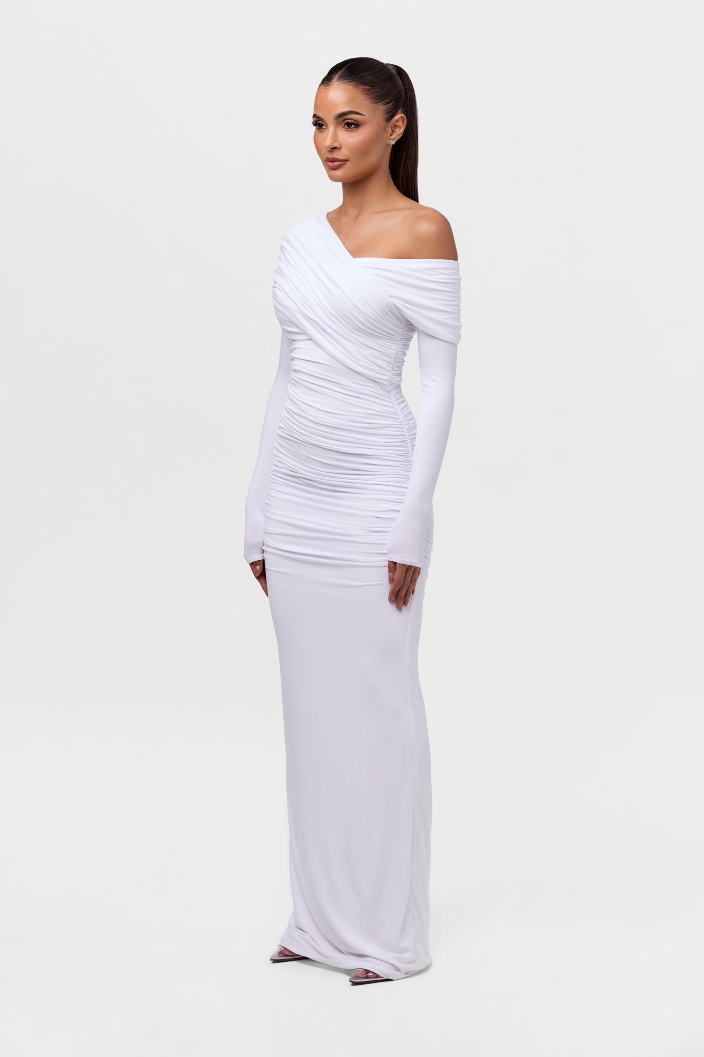 Smooth Off-Shoulder Ruched Maxi Dress