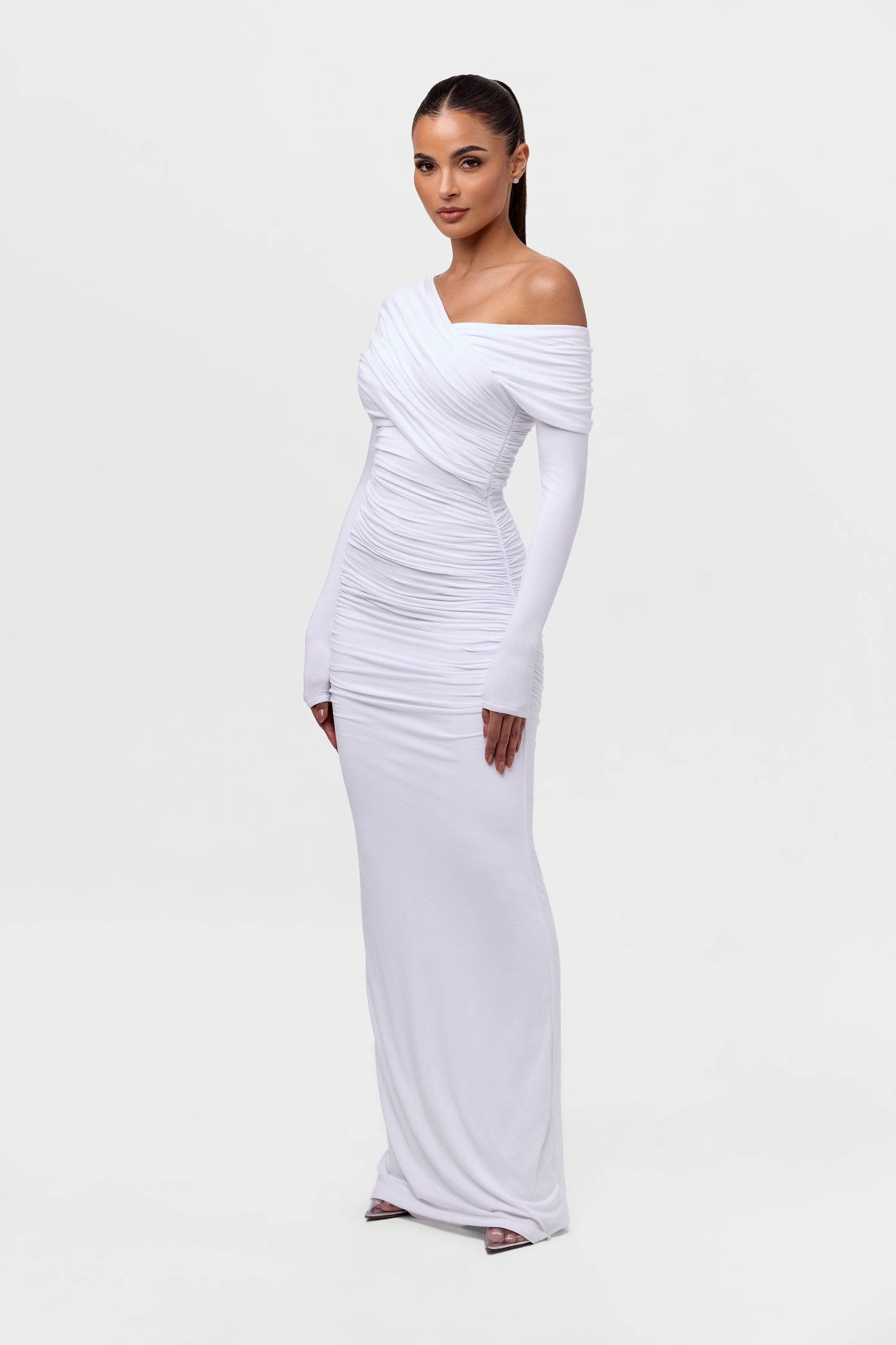 Smooth Off-Shoulder Ruched Maxi Dress