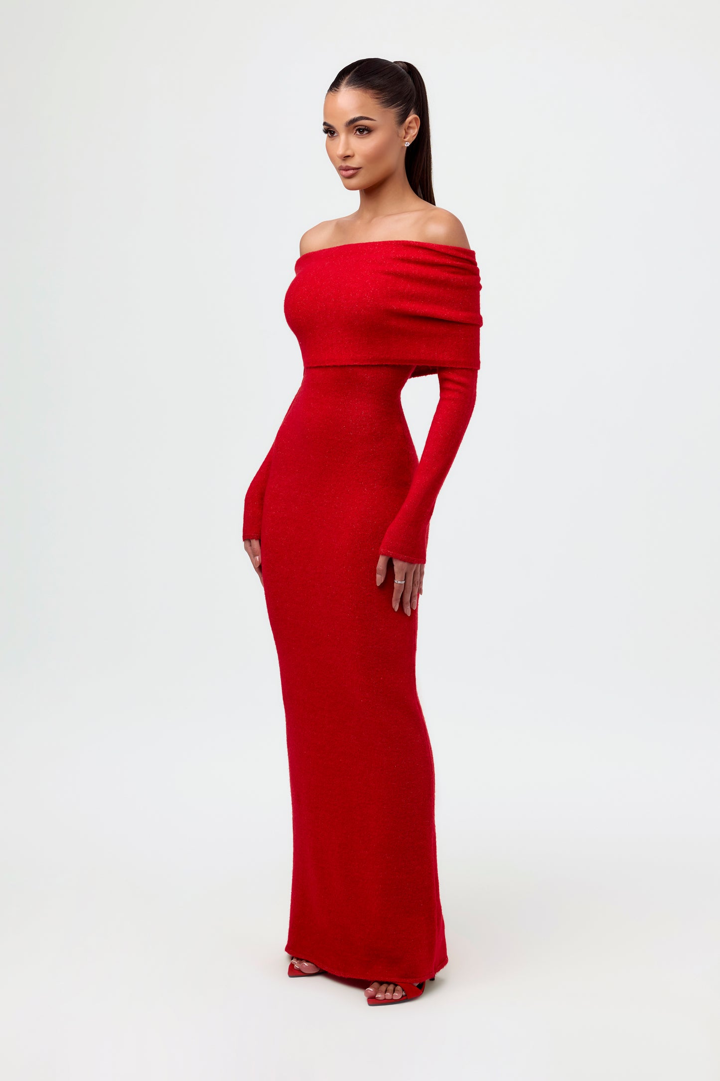 Bouclé Knit Off-Shoulder Maxi Dress