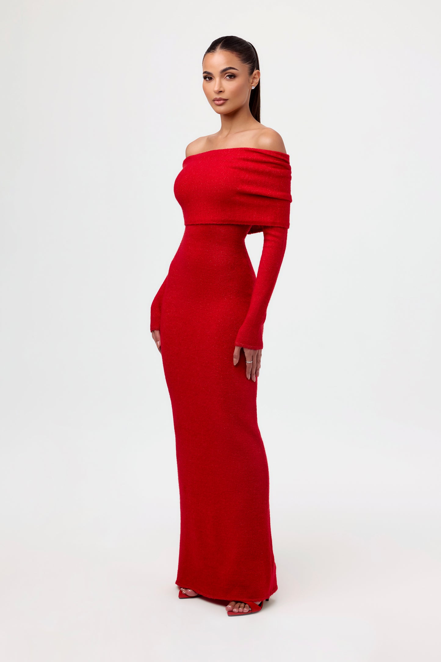Boucle Knit Off-Shoulder Maxi Dress Naked Wardrobe Boucle Knit Off-Shoulder Maxi Dress Naked Wardrobe