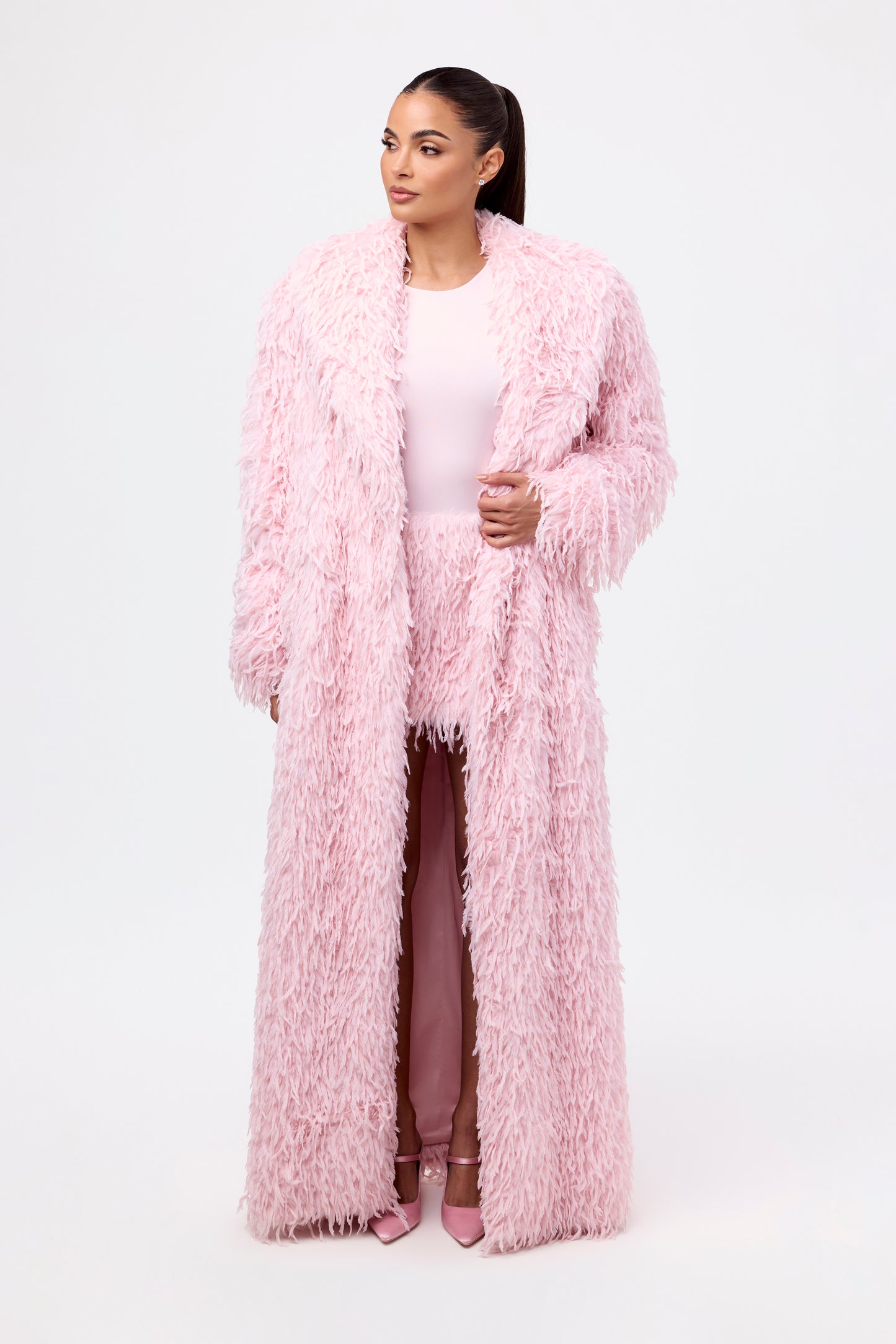 Faux Feather Long Coat