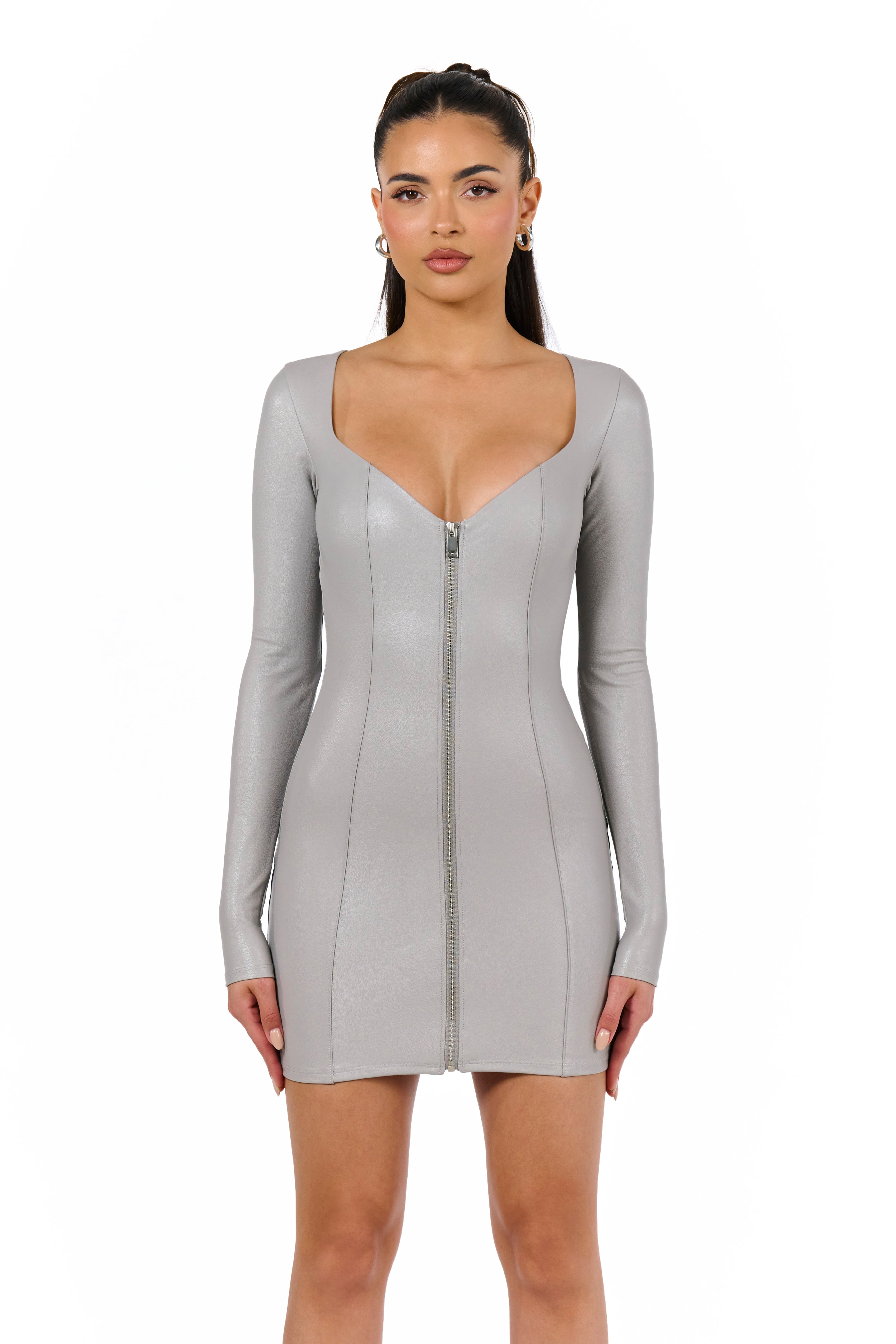 Vegan Leather V-Neck Zip Mini Dress