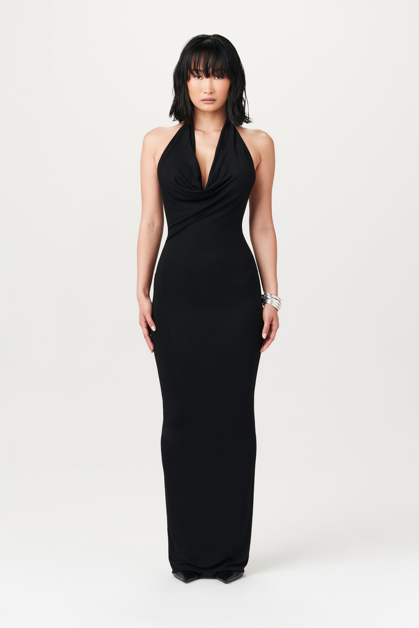 black, cowl-neck maxi dress from the front