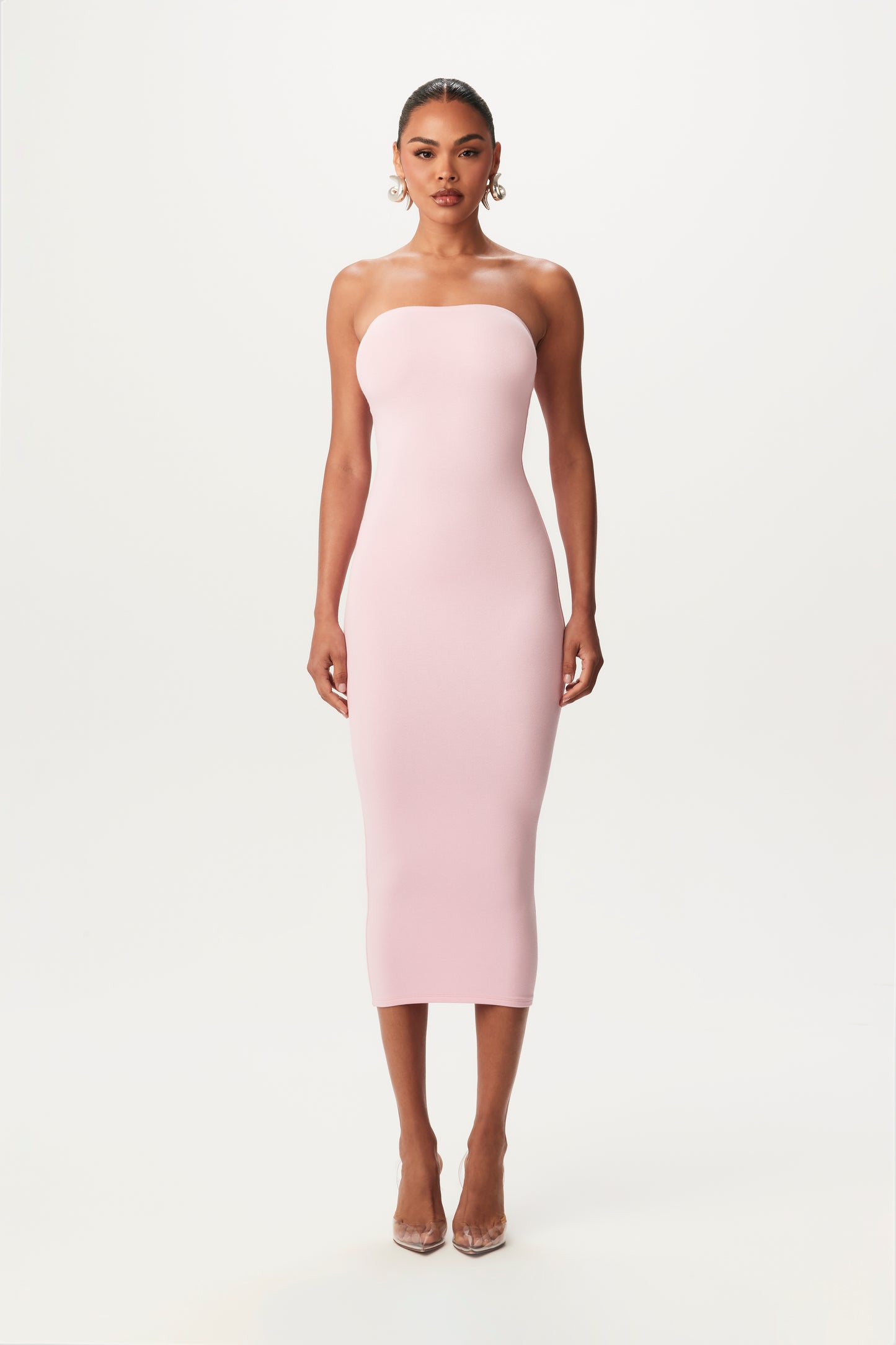 pink, bodycon strapless midi dress from front