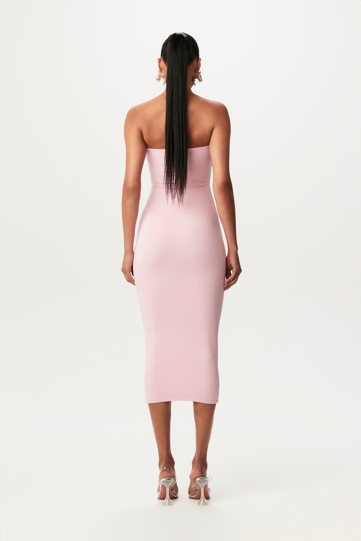 rear-view of pink strapless midi dress