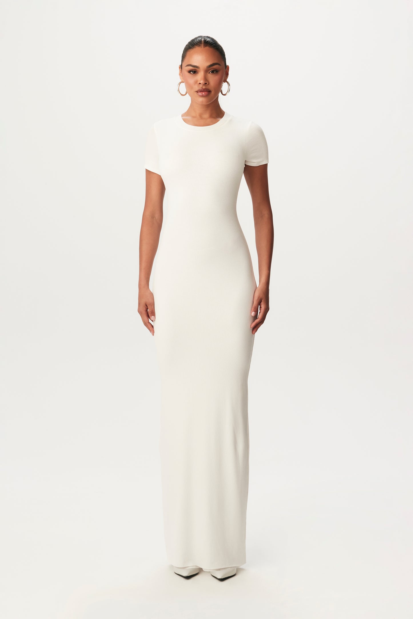 white, bodycon maxi dress with short sleeves