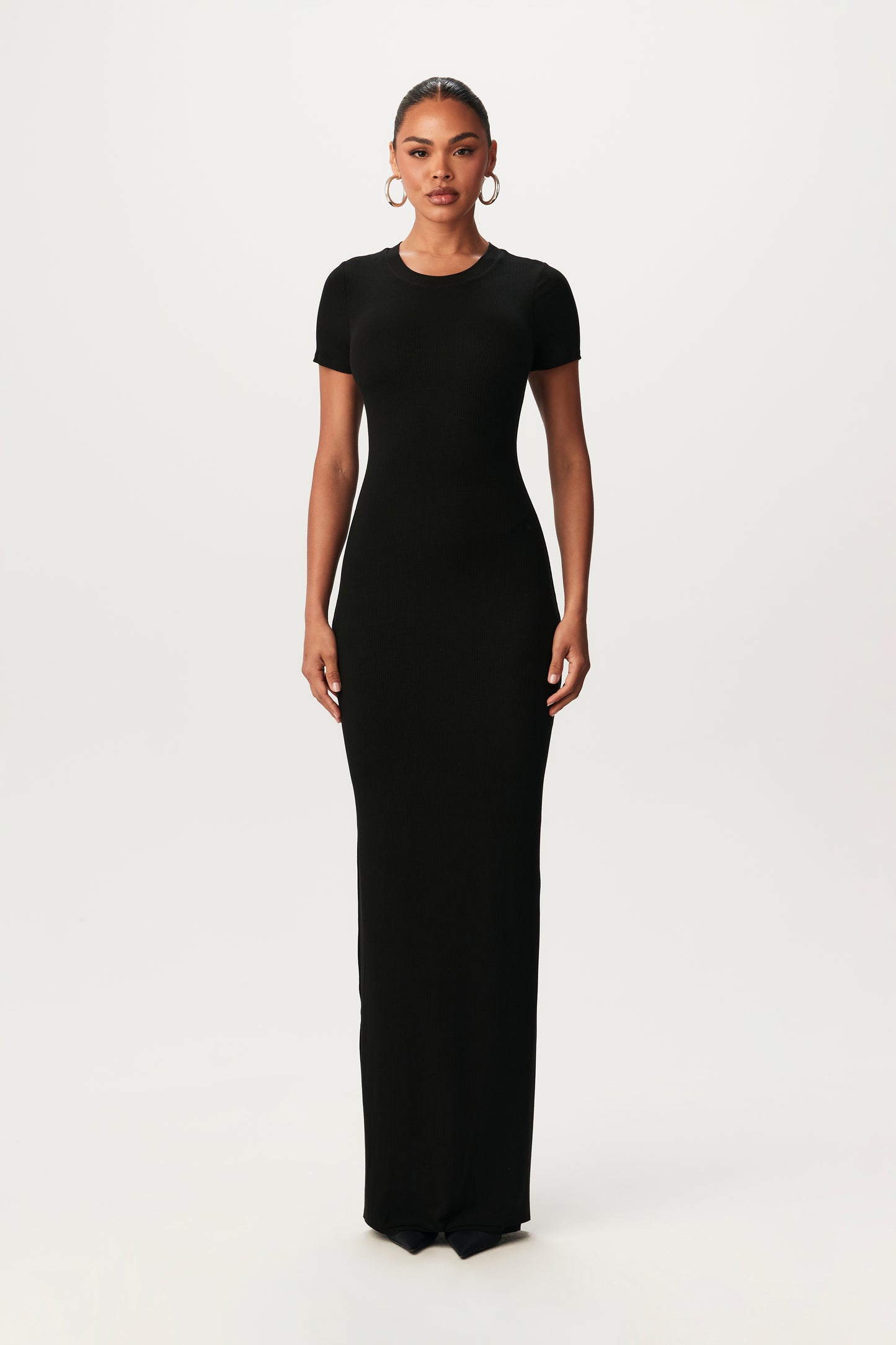 front-view of short-sleeved, black maxi dress