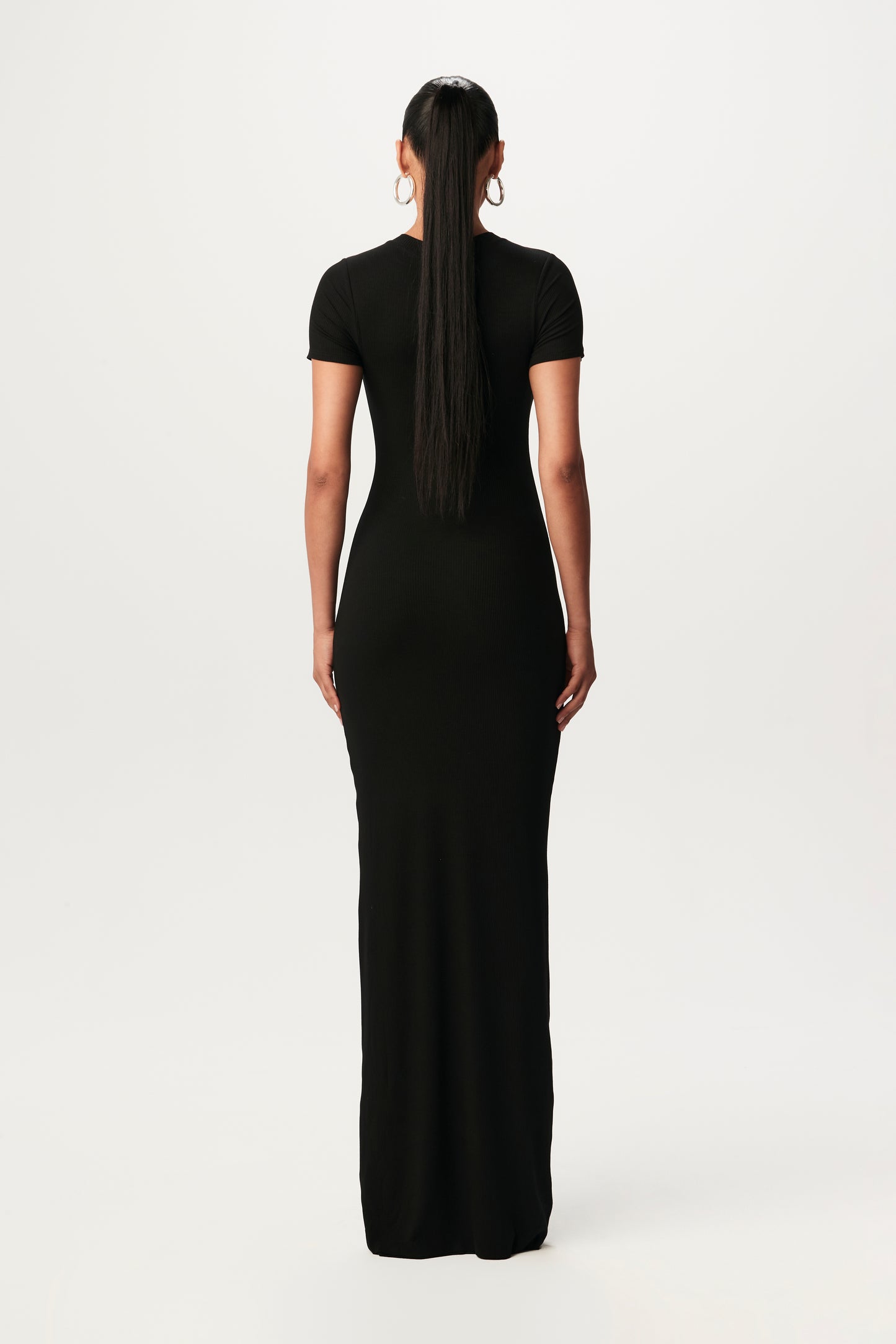 rear-view of short-sleeve, black maxi dress