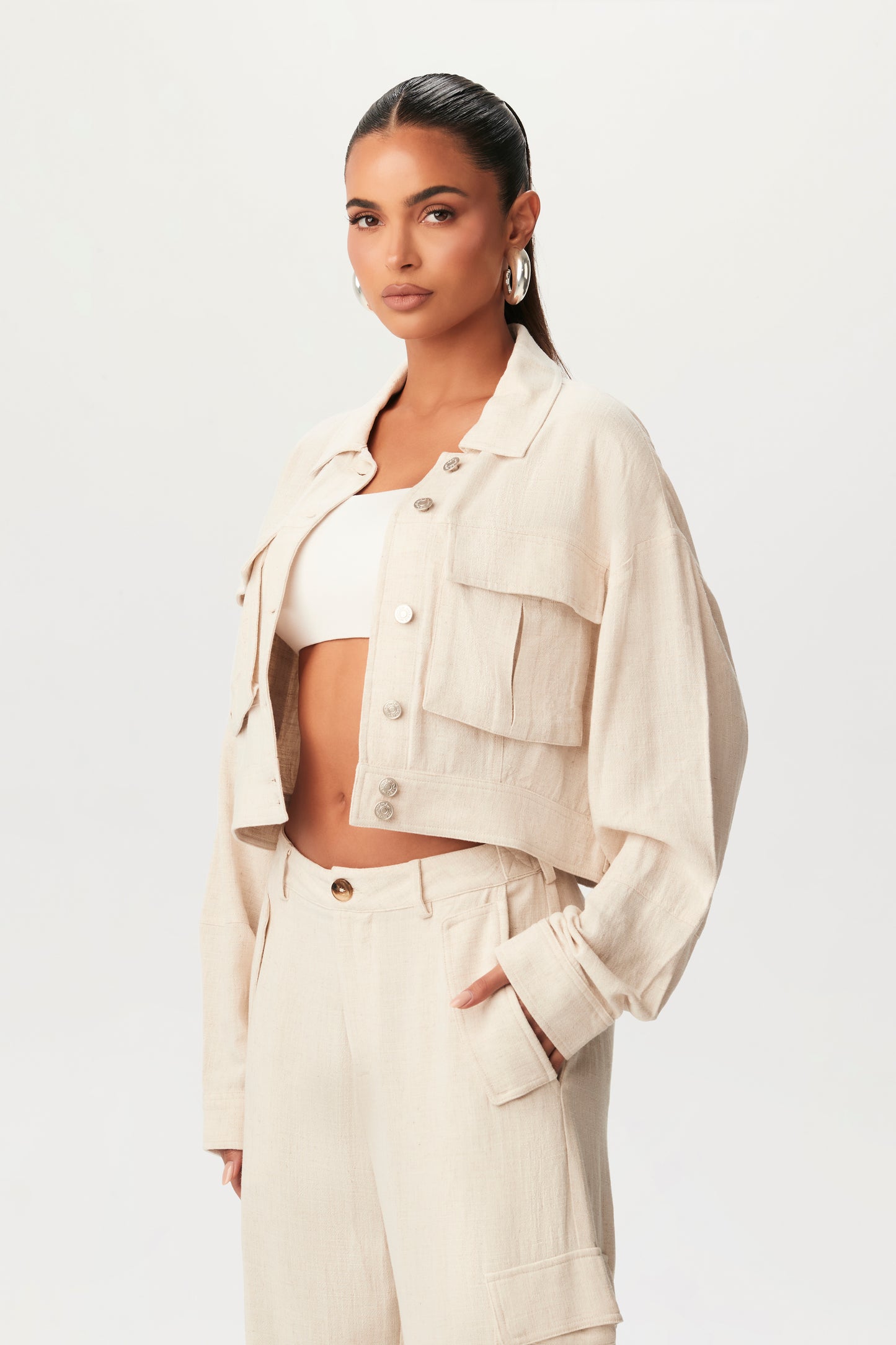 Linen Cargo Cropped Jacket