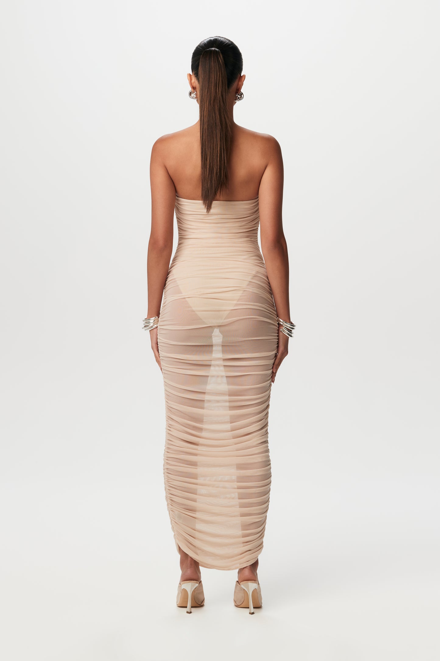 Mesh Ruched Tube Midi Dress