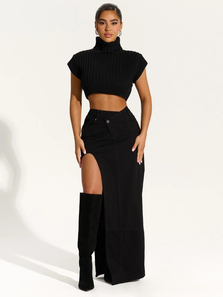 Denim Curve Slit Maxi Skirt