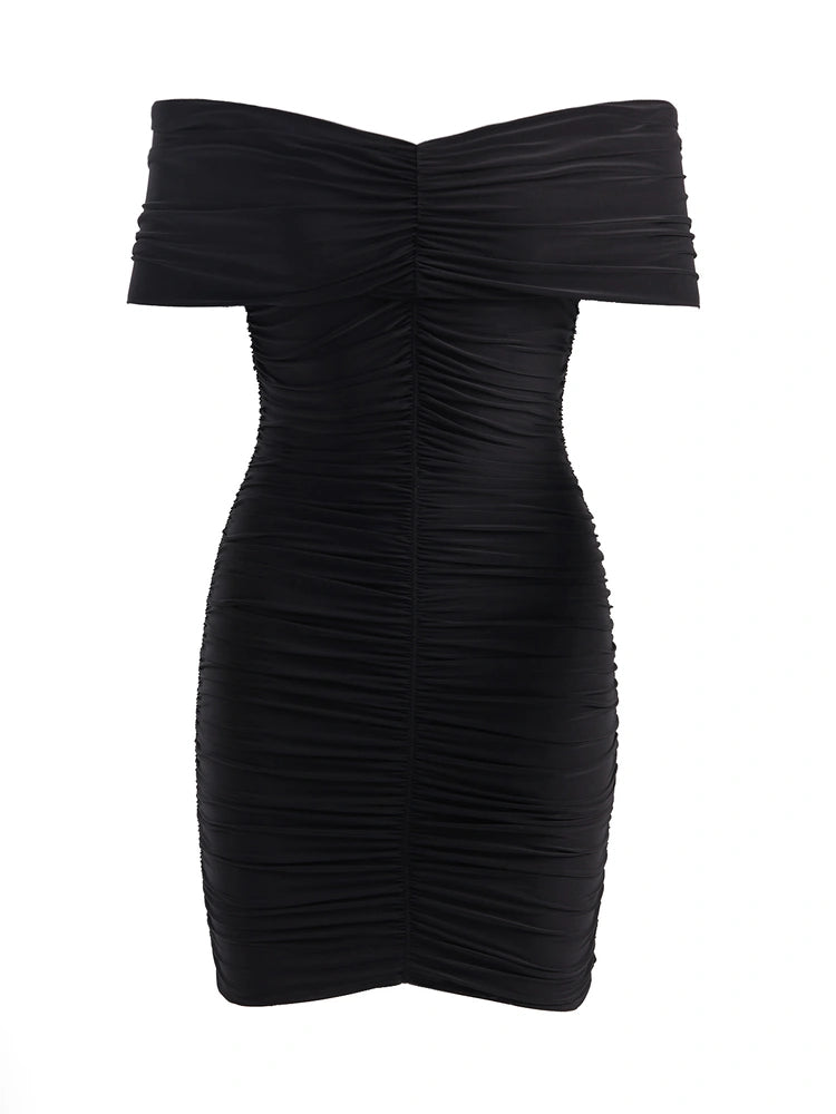 HOURGLASS OFF SHOULDER RUCHED MINI DRESS