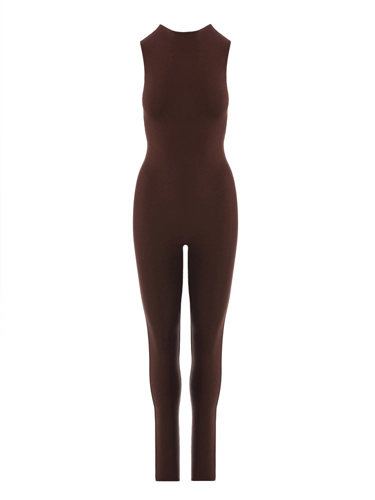 Naked Wardrobe dark brown deep v neck jumpsuit in a - Depop