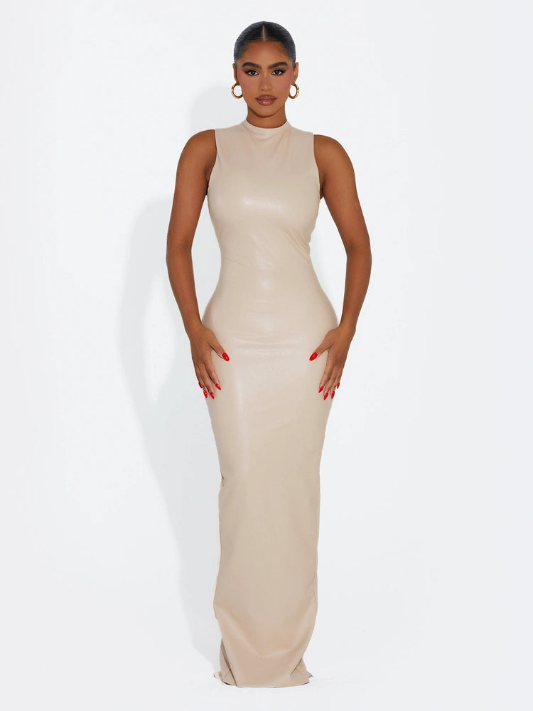 Vegan Leather Sleeveless Maxi Dress