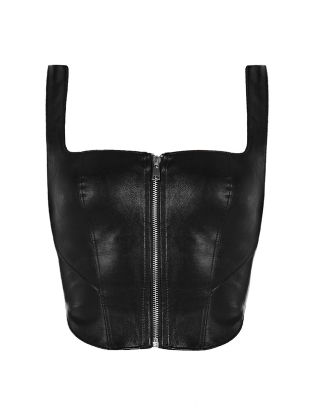 Vegan Leather Zip Up Corset Top