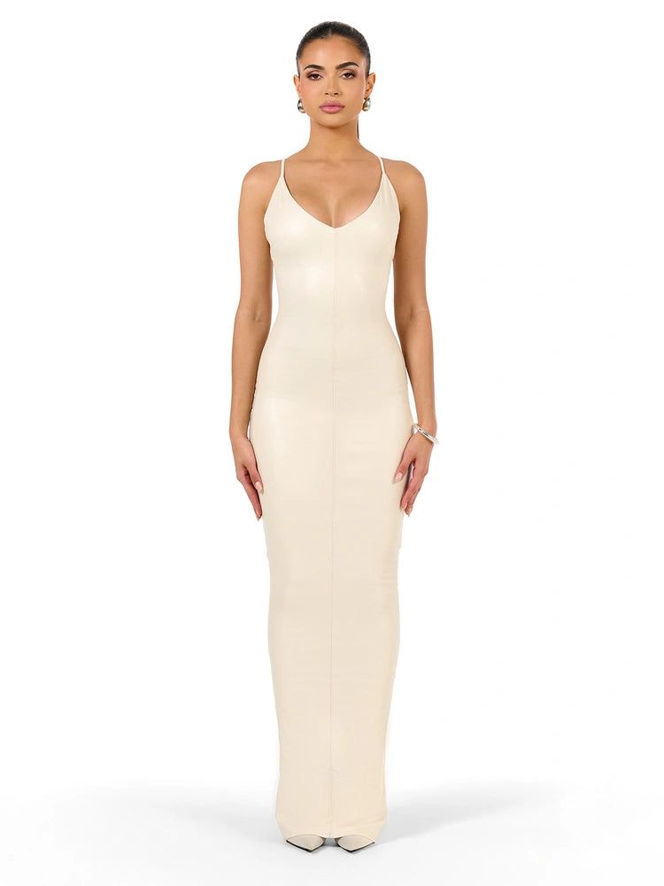 Vegan Leather V-Neck Seam Maxi Dress